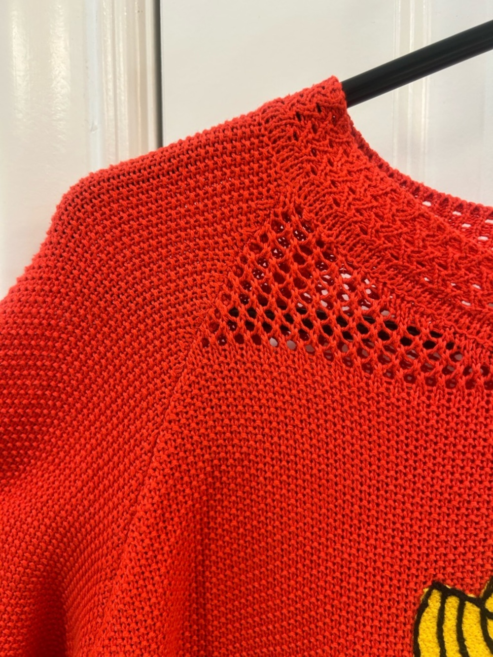 Vintage Tomato Red Embroidered Girl Hat Intarsia Textured Knit Lace Trim Sweater - Picture 5 of 9